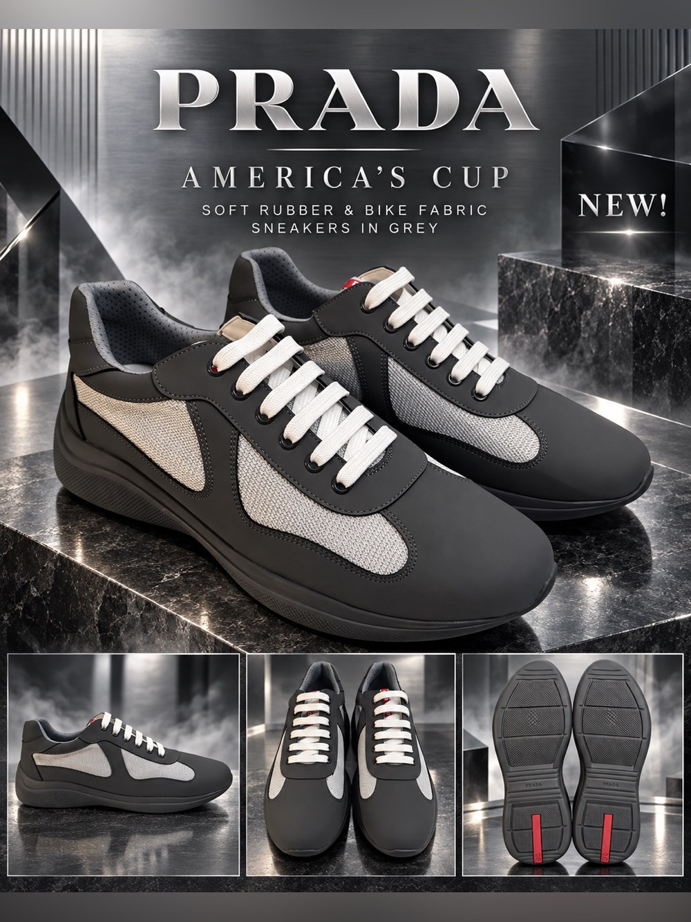 Prada America's Cup Soft Rubber & Bike Fabric Sneakers in Grey🔥New! Nice!!!